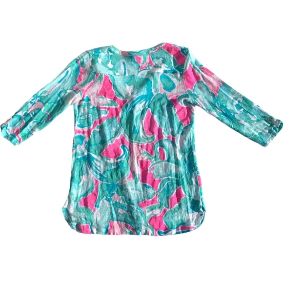 Lilly Pulitzer Elsa Linen Blouse Women's Long Sleeve Henley Tropical Pin Small - Picture 4 of 7